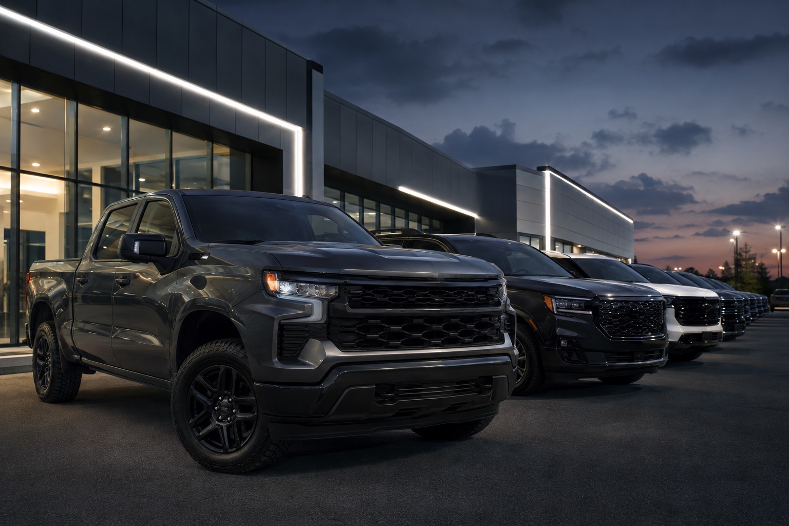 Modern trucks and SUVs lined up outside a dealership at dusk